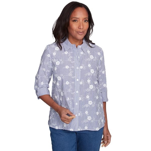 Alfred Dunner Flower Power Strip/Applique Cotton Button Down Shirt