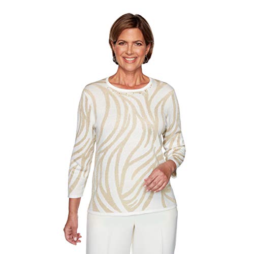 Alfred Dunner Classics Gold/Ivory Sweater Cotton Acrylic Polyester Shimmer Crew NCK 3/4 Sleeve Size 3X