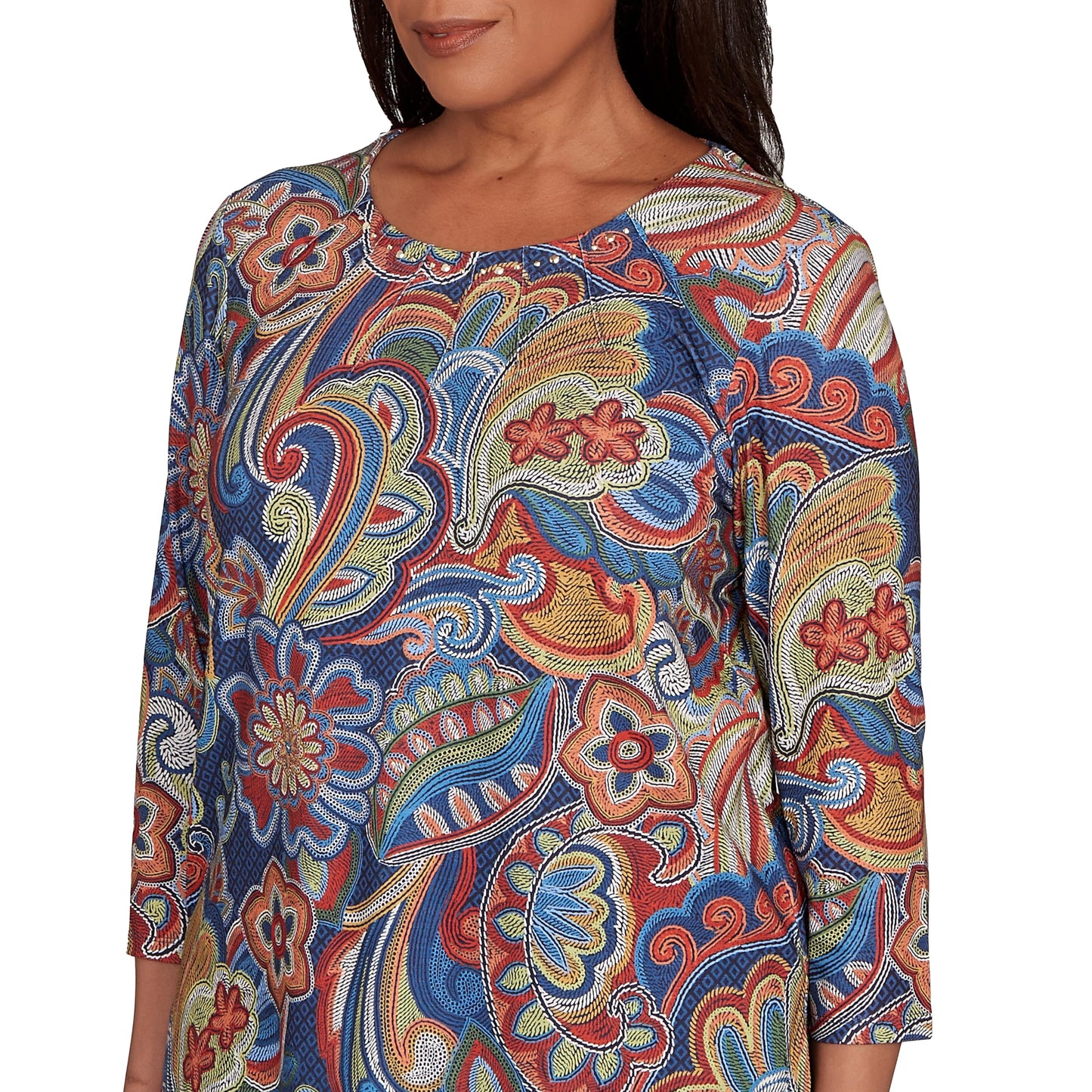 Stitched Floral Pleated Neck Top