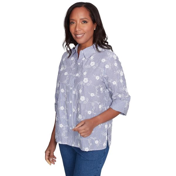 Alfred Dunner Flower Power Strip/Applique Cotton Button Down Shirt