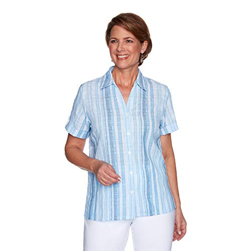 Alfred Dunner Women's Petite Basic Stripe Print Texture Lightweight Short Sleeve Button Down Collar Shirt Size PS Blue