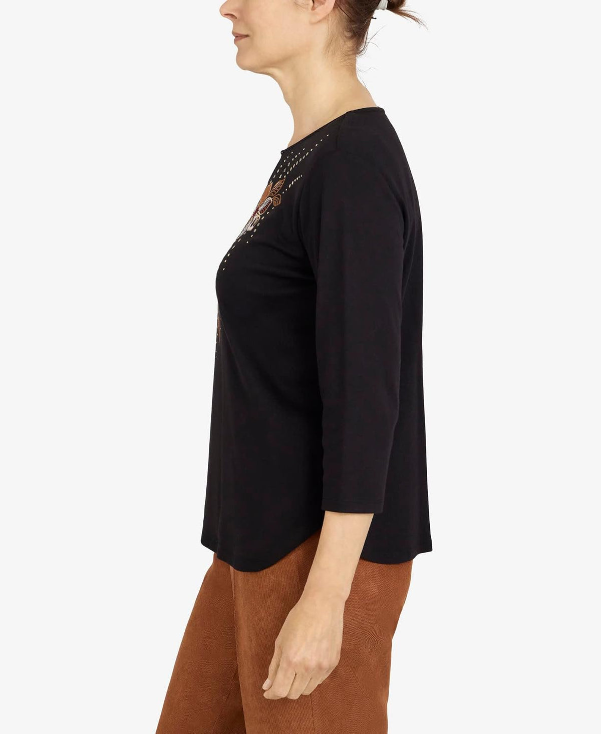 Alfred Dunner Women's Petite Womens Beaded Split Neck 3/4 Sleeve Top Size PS Black