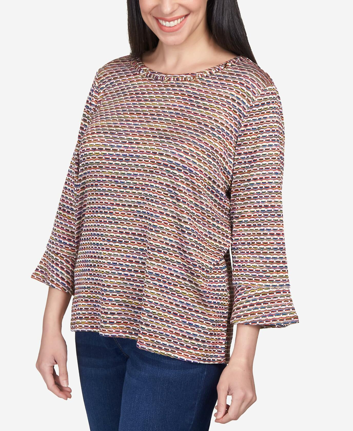 Alfred Dunner Women's Petite Space Dye Stripe Flutter Sleeve Top