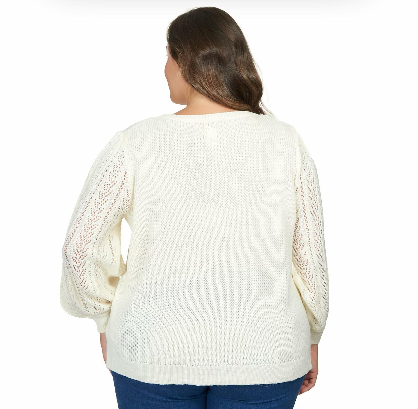 Ruby Rd. Pullover Sweater All Acrylic with Pointelle Puff Sleeve (US, Alpha, 2X, Plus, Regular, Plus Size, Ivory)