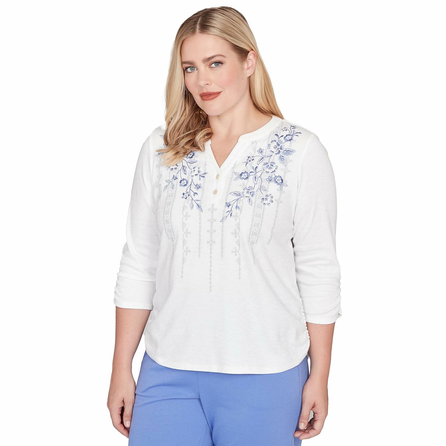 Alfred Dunner Women's Geometric Floral Ruched Henley Top