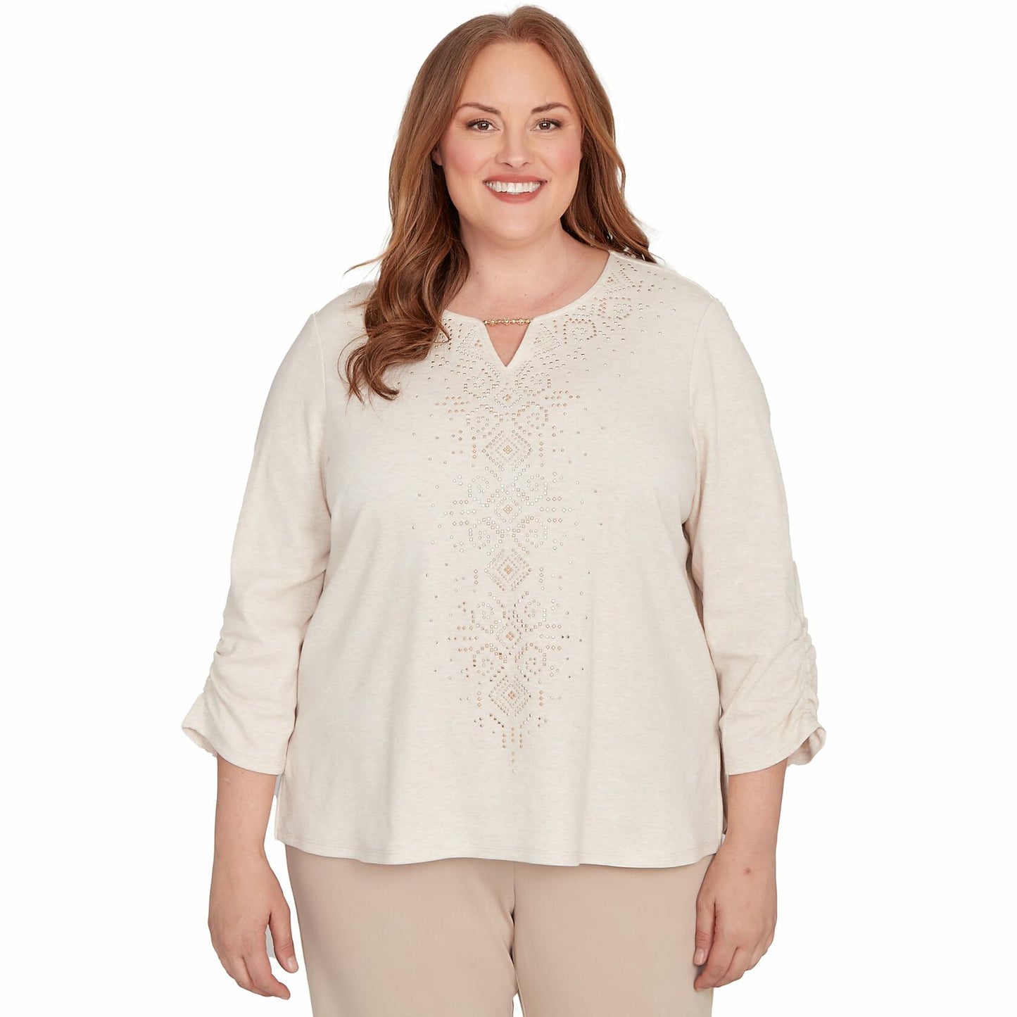 Alfred Dunner Women's Petite Center Embellished V-Neck Top Size PS Stone