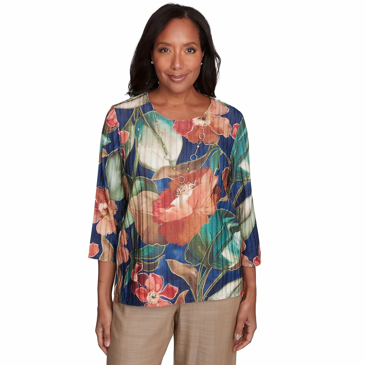 Alfred Dunner Drama Floral Polyester Top (US, Alpha, Medium, Regular, Regular, Standard, Multi)