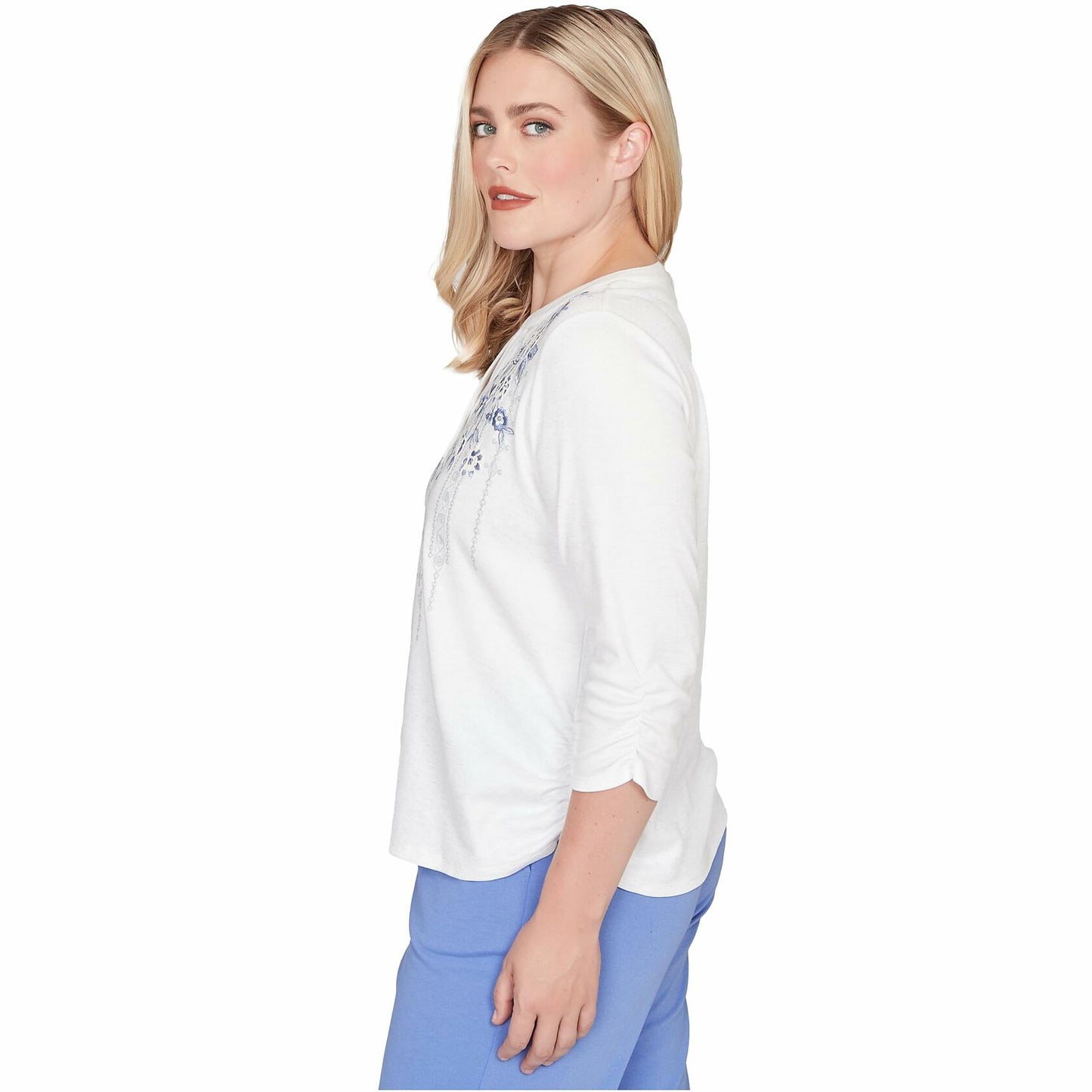 Alfred Dunner Women's Geometric Floral Ruched Henley Top