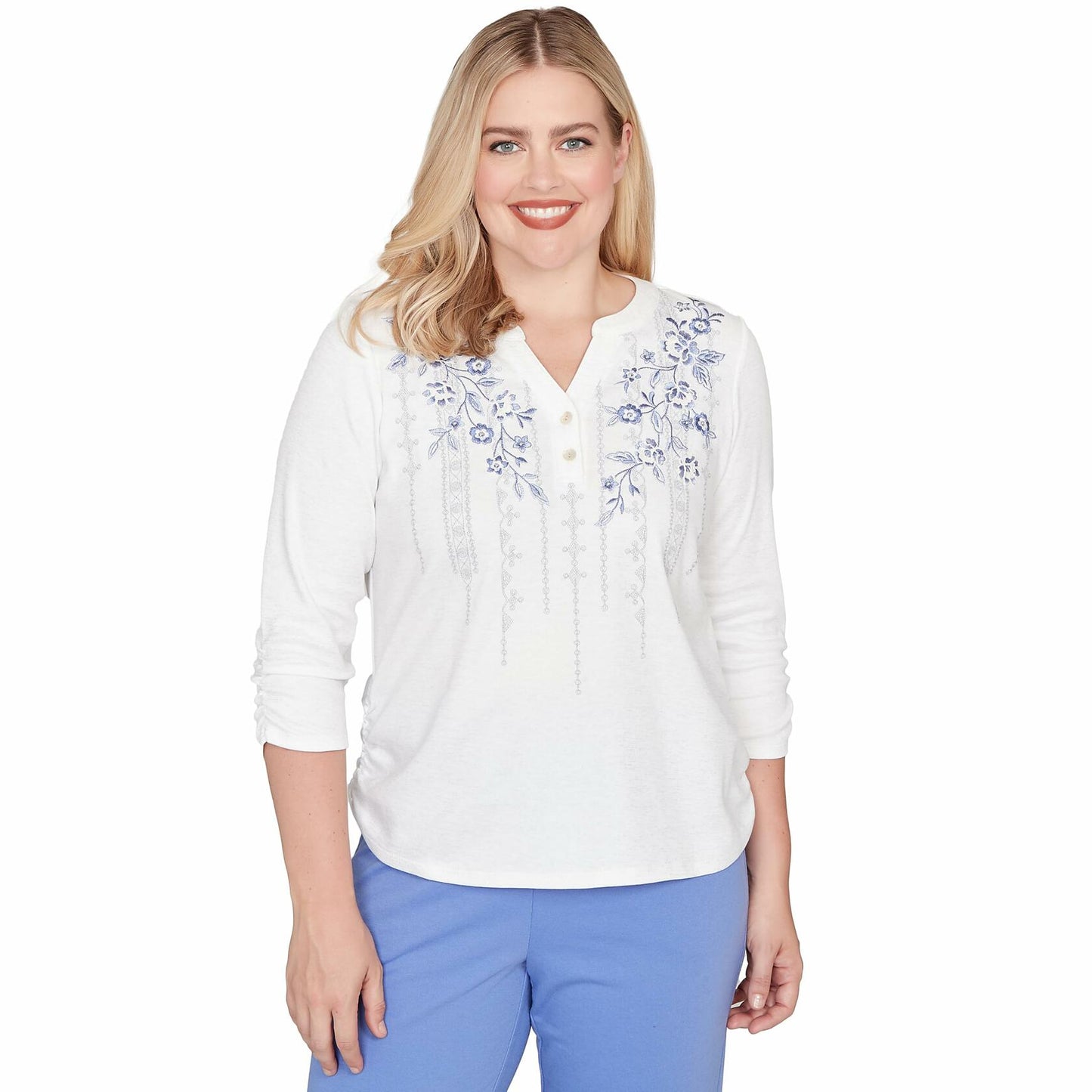 Alfred Dunner Women's Geometric Floral Ruched Henley Top