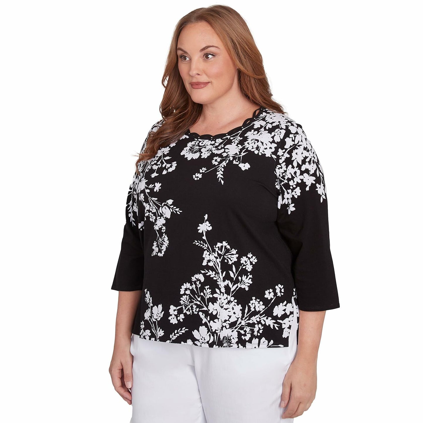 Asymmetric Floral Monotone Crewneck Top
