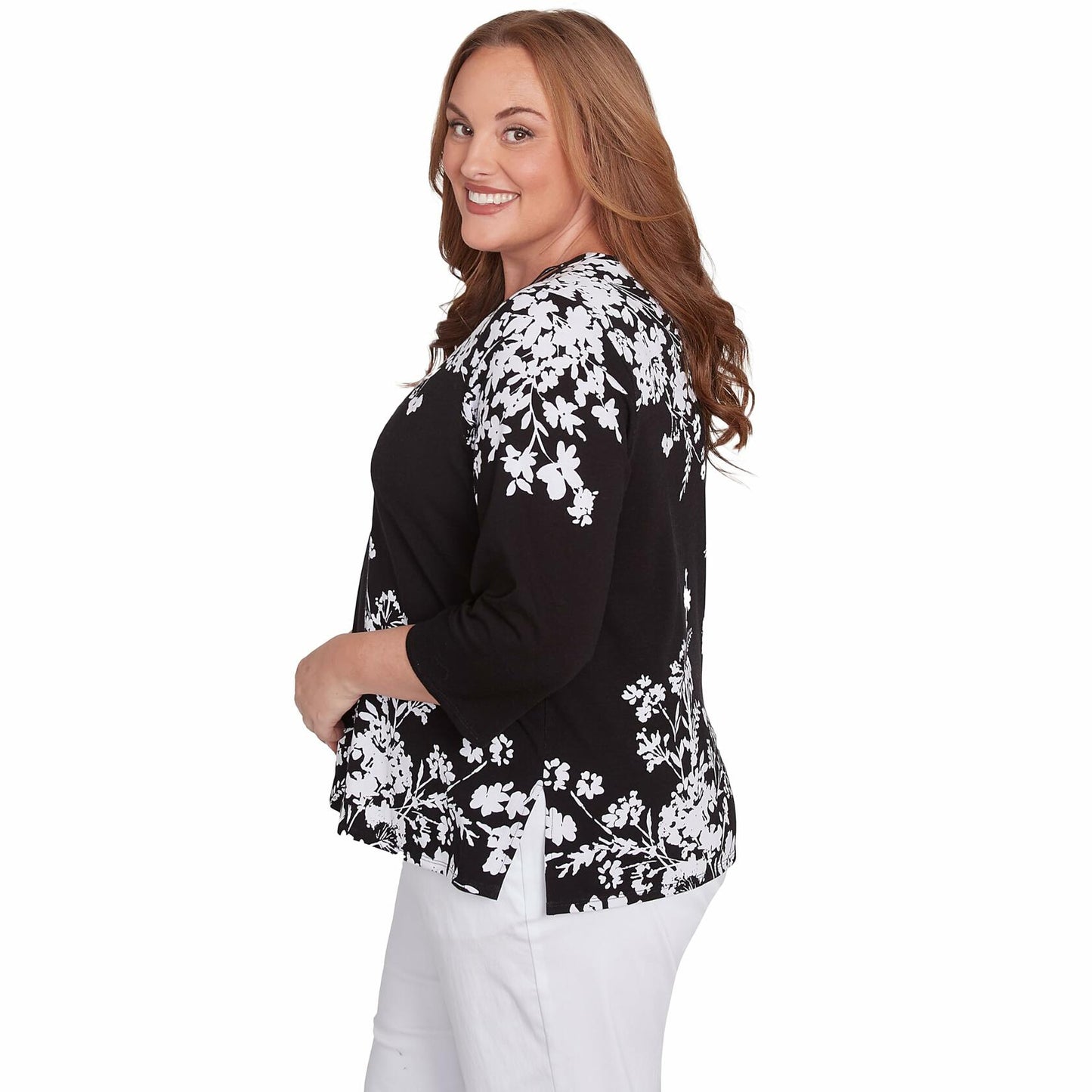 Asymmetric Floral Monotone Crewneck Top
