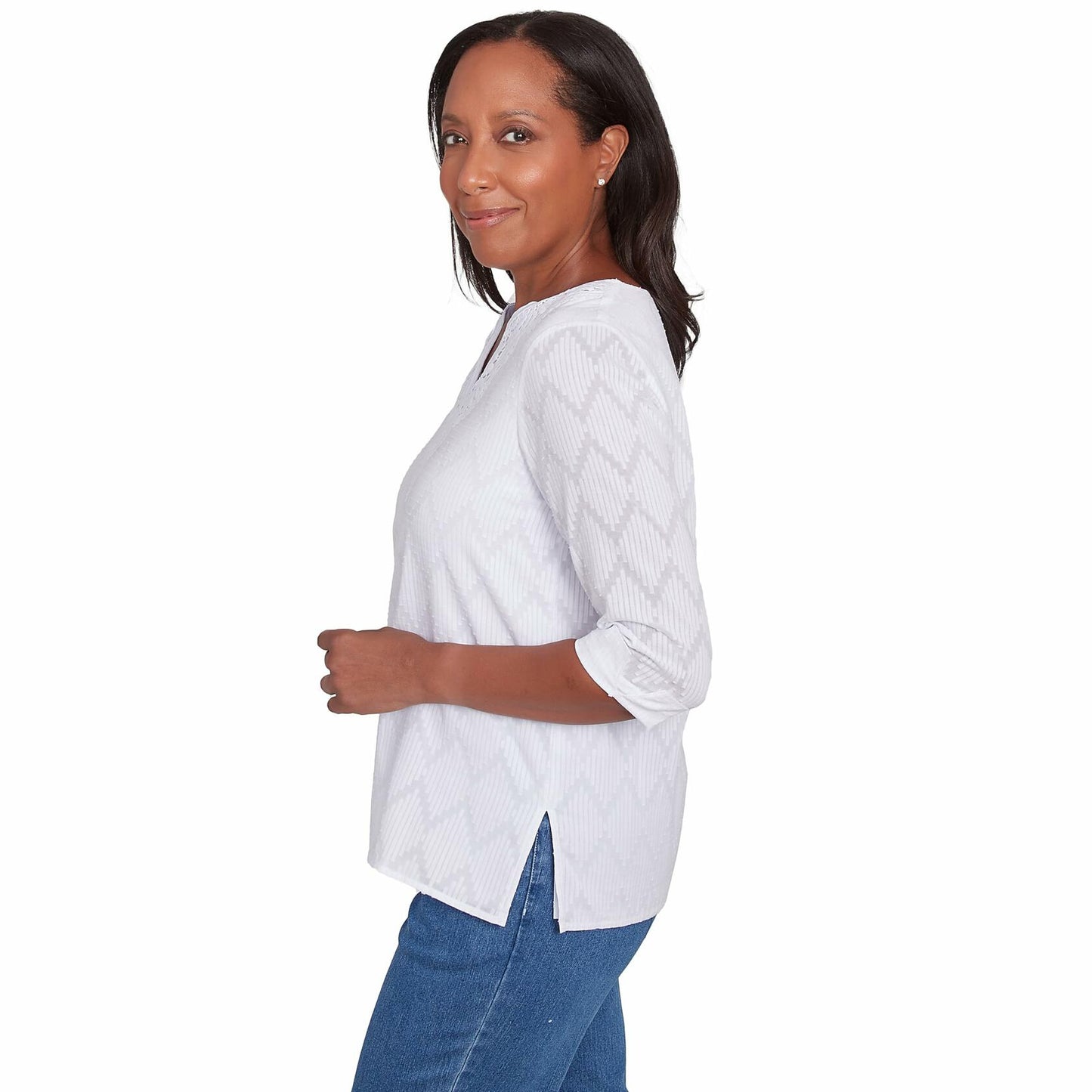 White Textured Split Neck Top