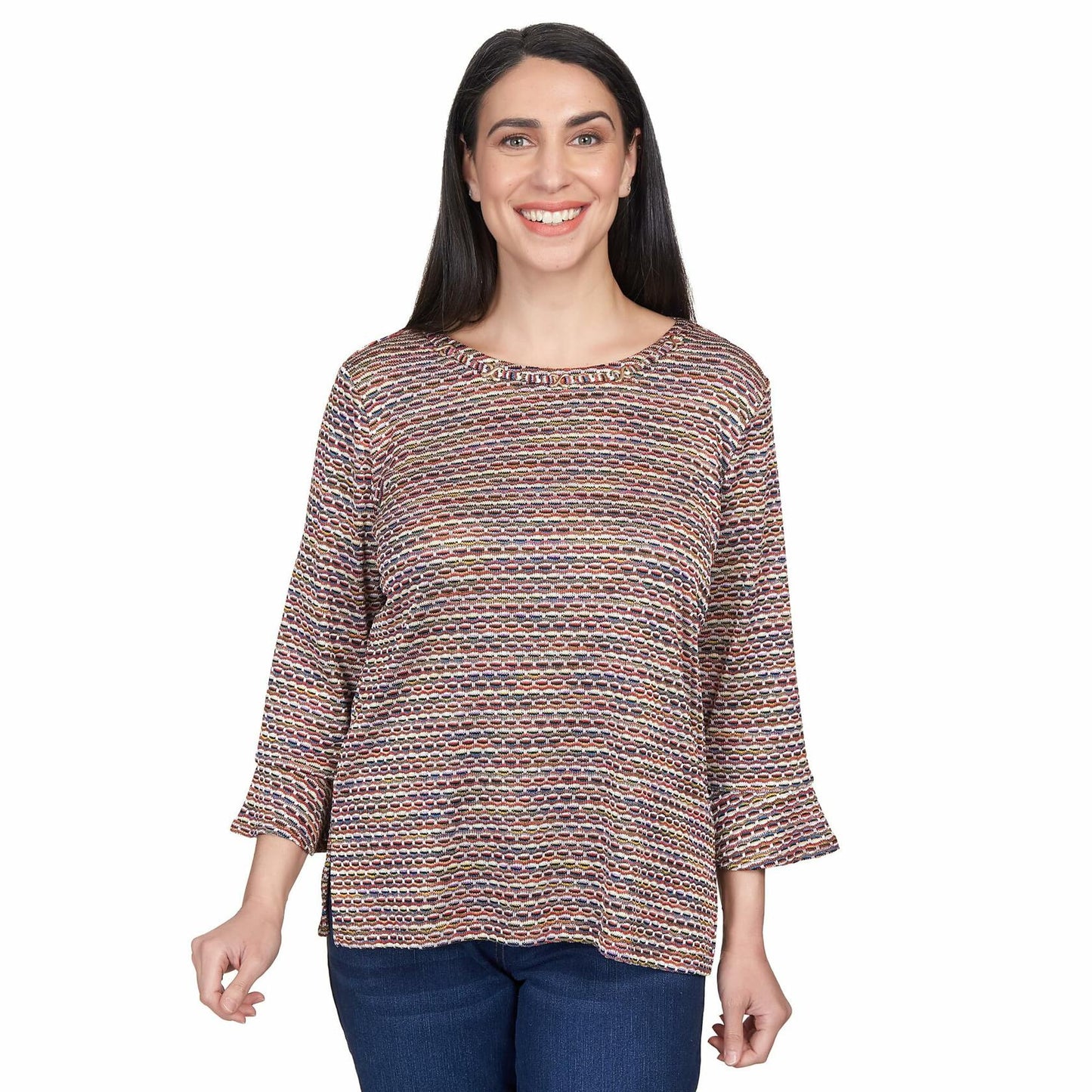 Alfred Dunner Women's Petite Space Dye Stripe Flutter Sleeve Top
