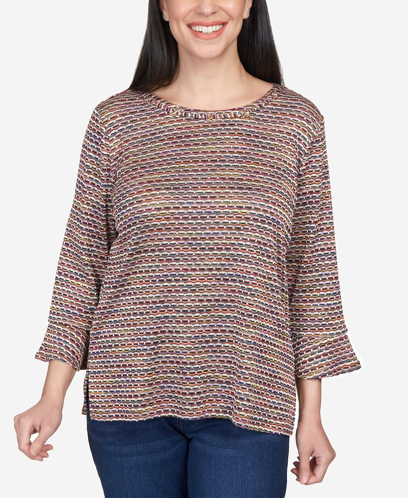Alfred Dunner Women's Petite Space Dye Stripe Flutter Sleeve Top