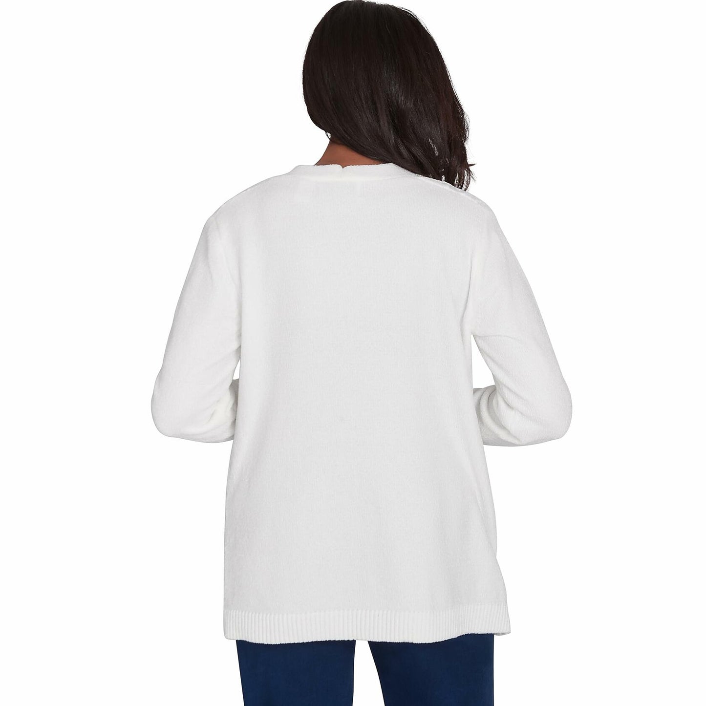 Alfred Dunner Classic Chenille Open Front Cardigan with Pocket Polyester (US, Alpha, Medium, Regular, Regular, Standard, Ivory)