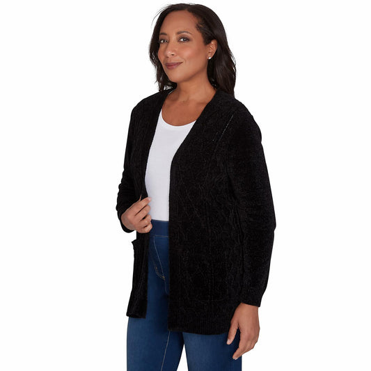 Alfred Dunner Classic Chenille Open Front Cardigan with Pocket Polyester (US, Alpha, Medium, Regular, Petite, Petite, Black)