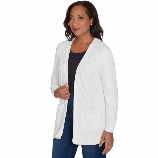 Alfred Dunner Classic Chenille Open Front Cardigan with Pocket Polyester (US, Alpha, Medium, Regular, Regular, Standard, Ivory)