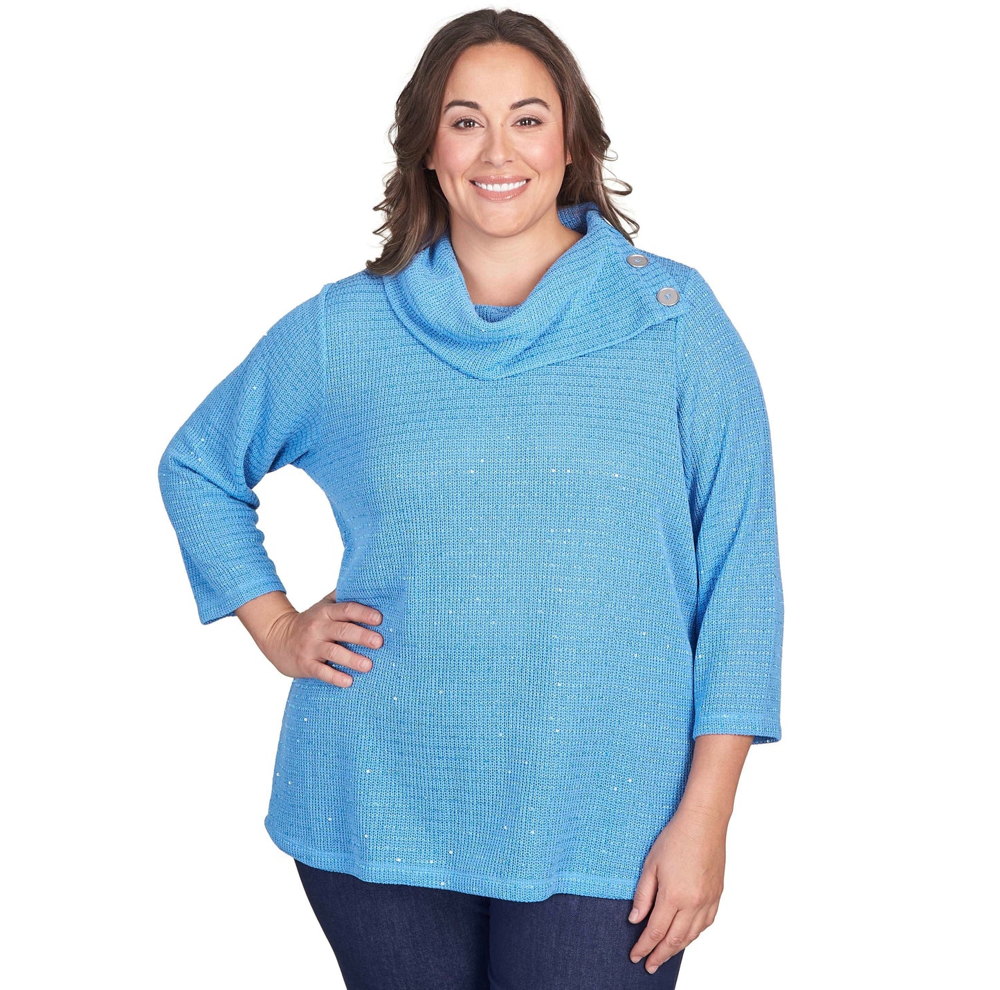 Ruby Rd. Cowl Neck Top with Tiny Sequins All Polyester (US, Alpha, 2X, Plus, Regular, Plus Size, Blue)