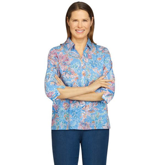 Alfred Dunner Classic Paisley Button Down Shirt Cotton Polyester 3/4 Sleeve Size 3X Multi