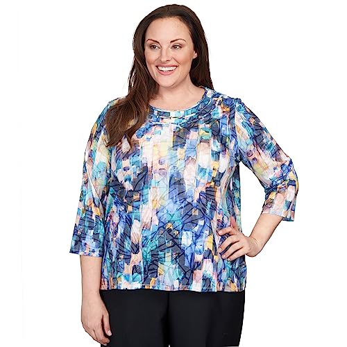 Alfred Dunner Women's Plus-Size Triple Ring Embroidered Brushstroke Top Size 3X Denim