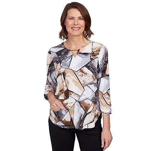 Alfred Dunner Women's Petite Patchwork Beaded Split Neck Top Size PS Tan