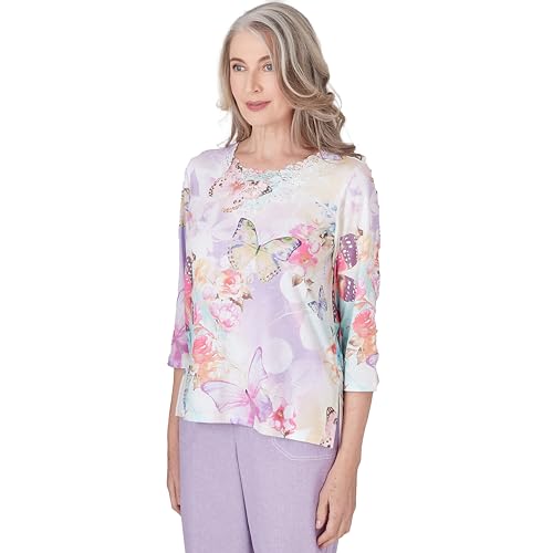 Alfred Dunner Garden Party Butterfly Floral Polyester Top (US, Alpha, Small, Regular, Regular, Standard, Multi)