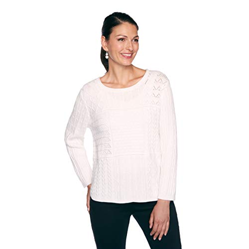 Classic Pullover Sweater Cable Stitch Pointelle Cotton Acrylic (Size 1X) Ivory