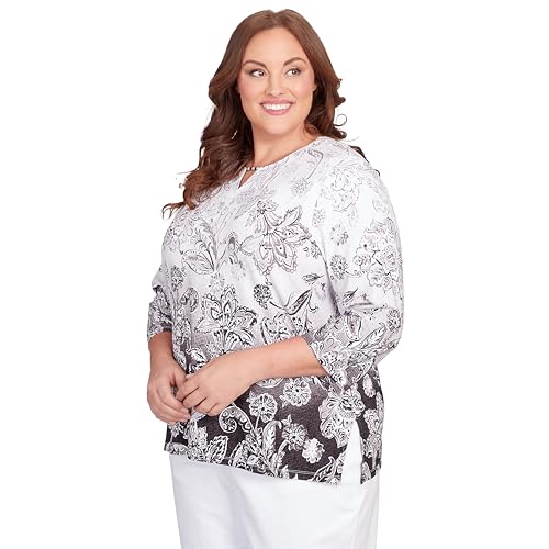 Alfred Dunner Classic Cotton Ombré Scroll with Split Neck Top Grey (US, Alpha, 2X, Plus, Regular, Plus Size, Grey)