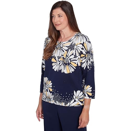 Alfred Dunner Block Island Cotton Sweater Daisy Yoke and Border