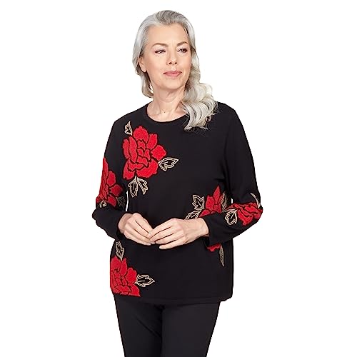 Alfred Dunner Park Place Black Knit Floral Sweater (US, Alpha, X-Large, Regular, Petite, Petite, Black)