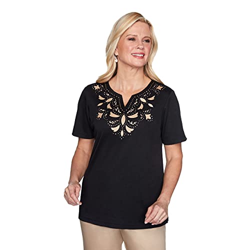 Alfred Dunner Zanzibar Black Patchwork Top (Black, Petite Small)