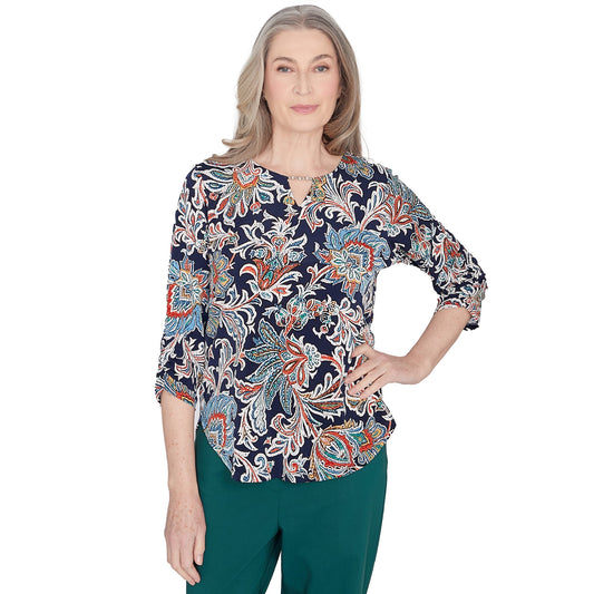 Alfred Dunner Womens Petite Scroll Three Quarter Ruched Sleeve Top