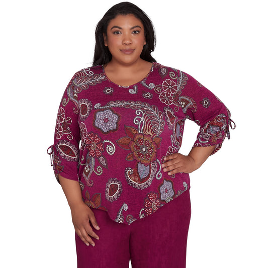Alfred Dunner Womens Plus-Size Floral Paisley Drawstring Sleeves V-Neck Top