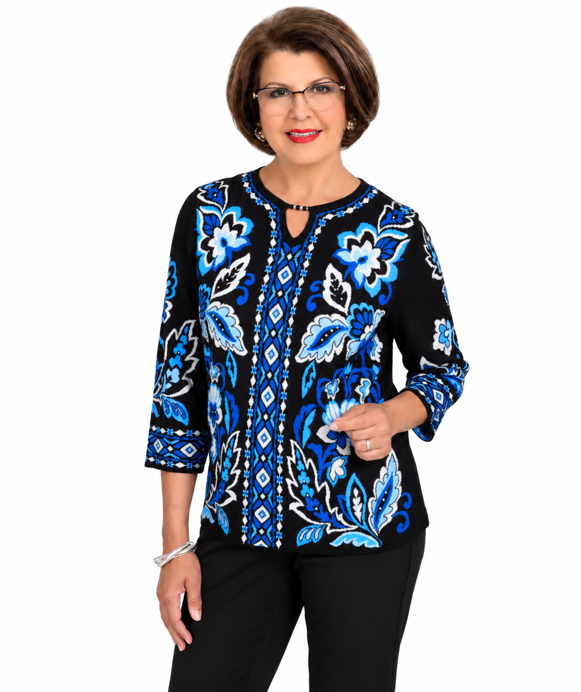 Alfred Dunner Women's Paisley Leaf Jacquard Sweater, Sapphire, S