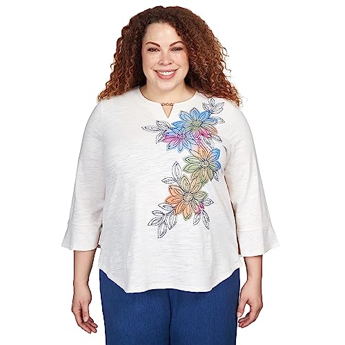 Alfred Dunner Women's Plus-Size Asymmetric Flower Embroidery Shirttail Top Size 3X Oatmeal