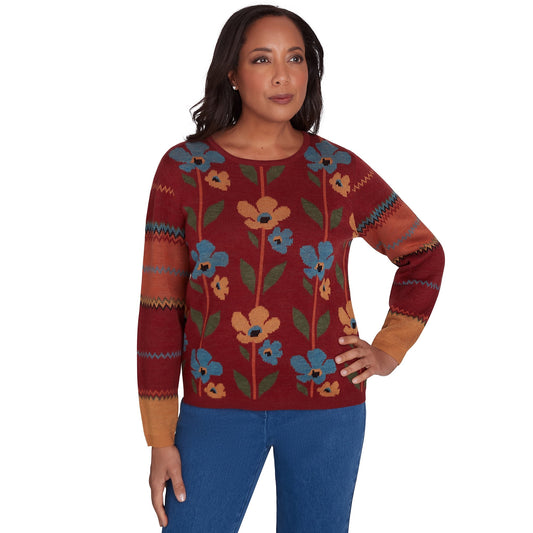 Alfred Dunner Womens Vertical Floral Crew Neck Sweater