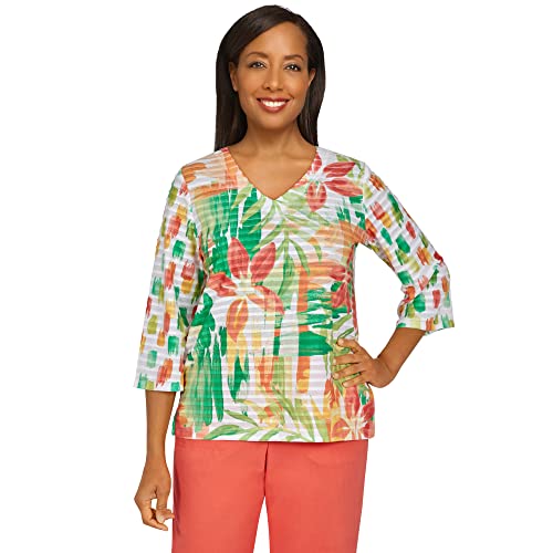 Alfred Dunner Women's Plus-Size Brushstroke Tropical Mini Ruffle V-Neck Top Size 3X Multi