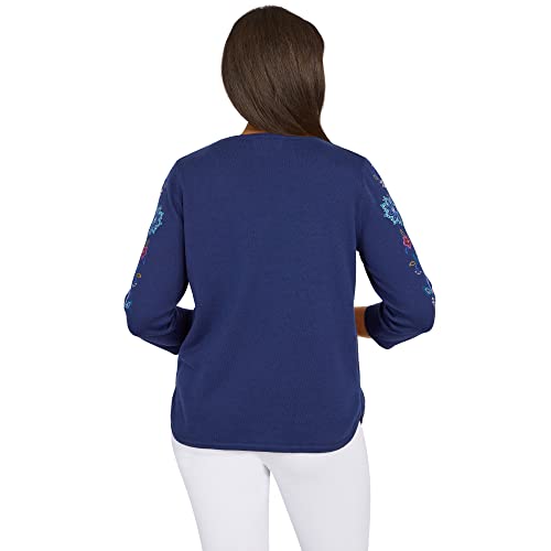 Alfred Dunner Women's Plus-Size Womens Embroidered Sweater with Detachable Necklace Size 2X Navy