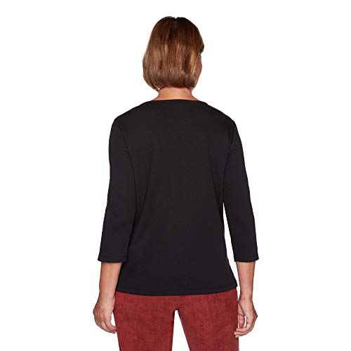 Alfred Dunner Women's Catwalk Solid Center Crochet Knit Top - Petite Size, Black, Petite Small