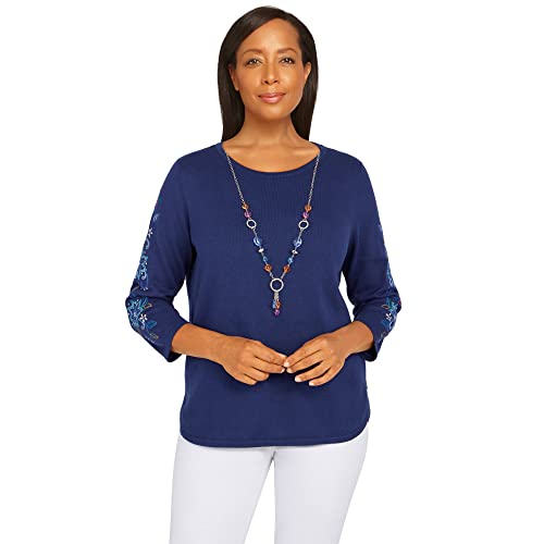 Alfred Dunner Women's Plus-Size Womens Embroidered Sweater with Detachable Necklace Size 2X Navy