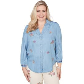 Alfred Dunner Women's Petite Floral Embroidered Button Front Top, Size PS, Light Blue