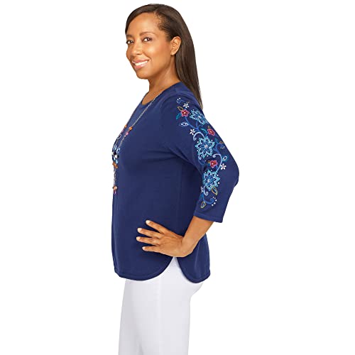 Alfred Dunner Women's Plus-Size Womens Embroidered Sweater with Detachable Necklace Size 2X Navy