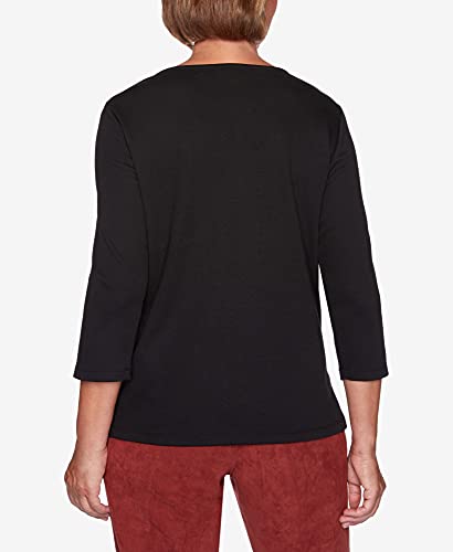 Alfred Dunner Women's Catwalk Solid Center Crochet Knit Top - Petite Size, Black, Petite Small