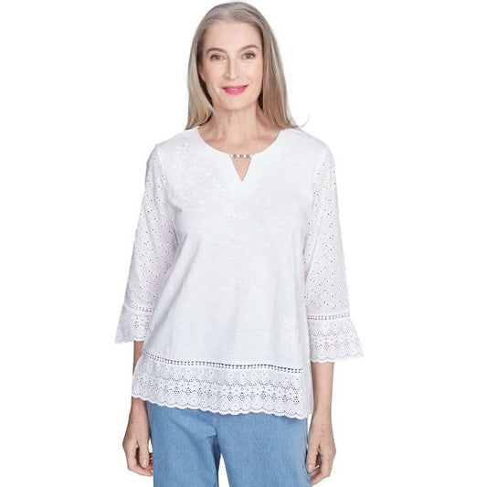 Alfred Dunner Flower Power Embroidered/Eyelet Trim Cotton/Polyester Top