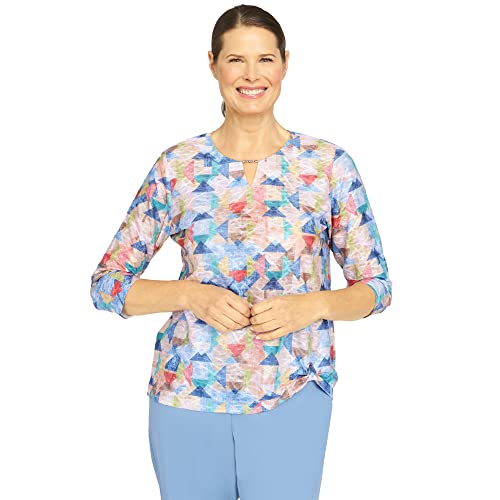 Alfred Dunner Women's Petite Geometric Texture Grommet Hem Top Size PS Multi