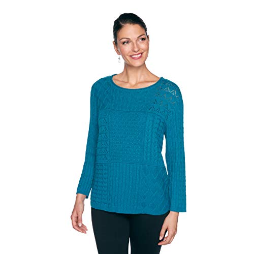 Alfred Dunner Classics Pullover Sweater Cable Stitch Pointelle Cotton Acrylic (Size 2X) Jade