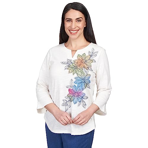 Alfred Dunner Women's Asymmetric Flower Embroidery Shirttail Top Size L Oatmeal