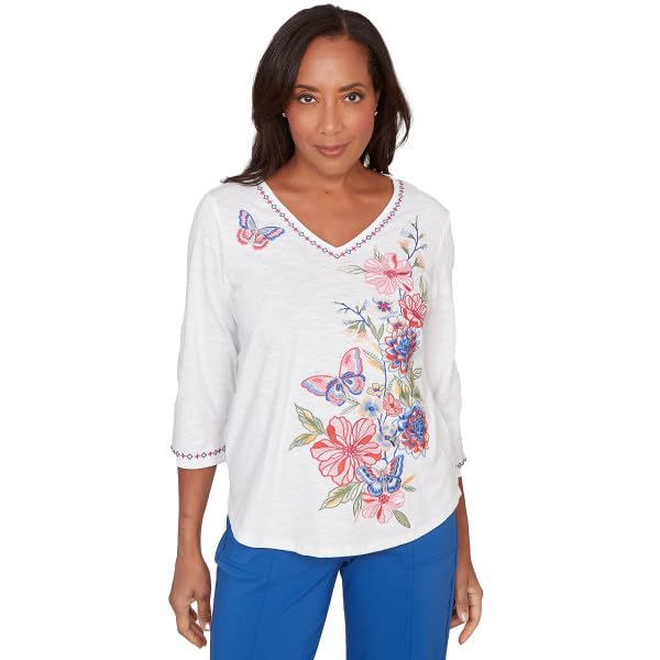 Alfred Dunner Women's Petite Floral Butterfly Embroidered V Neck Top, Size PS, White