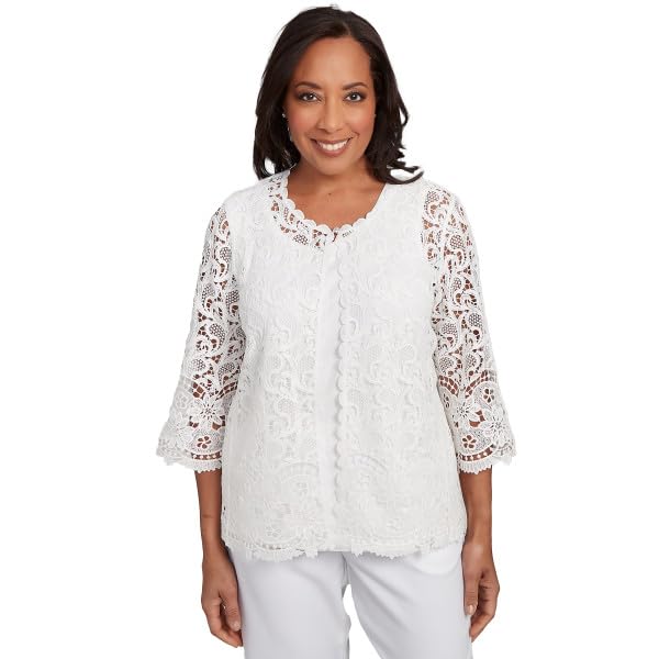 Alfred Dunner Estate of Mind Scroll Lace Tow in One Blouse (US, Alpha, Small, Regular, Regular, Standard, Oyster)