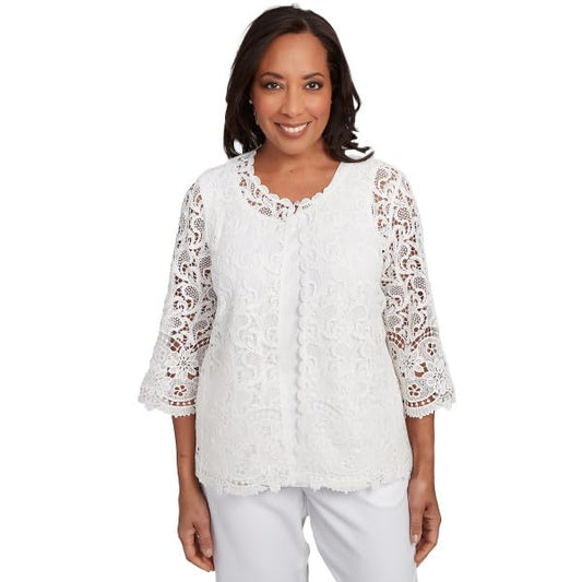 Alfred Dunner Estate of Mind Scroll Lace Tow in One Blouse (US, Alpha, Small, Regular, Regular, Standard, Oyster)